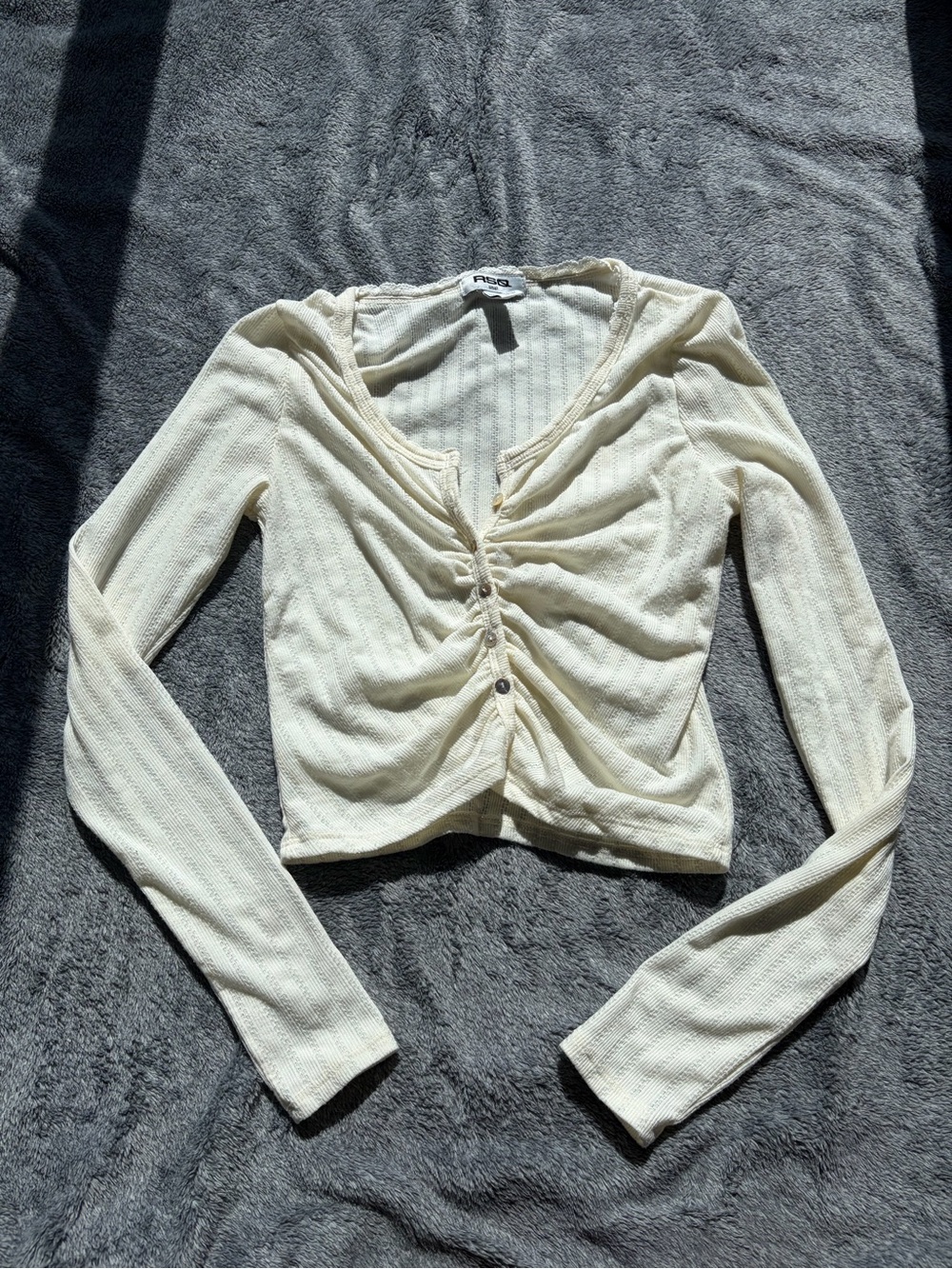 RSQ Cream Ruched Long Sleeve Button Crop Top